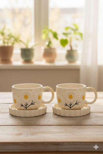 Set of Two Off-White Mugs and Saucers